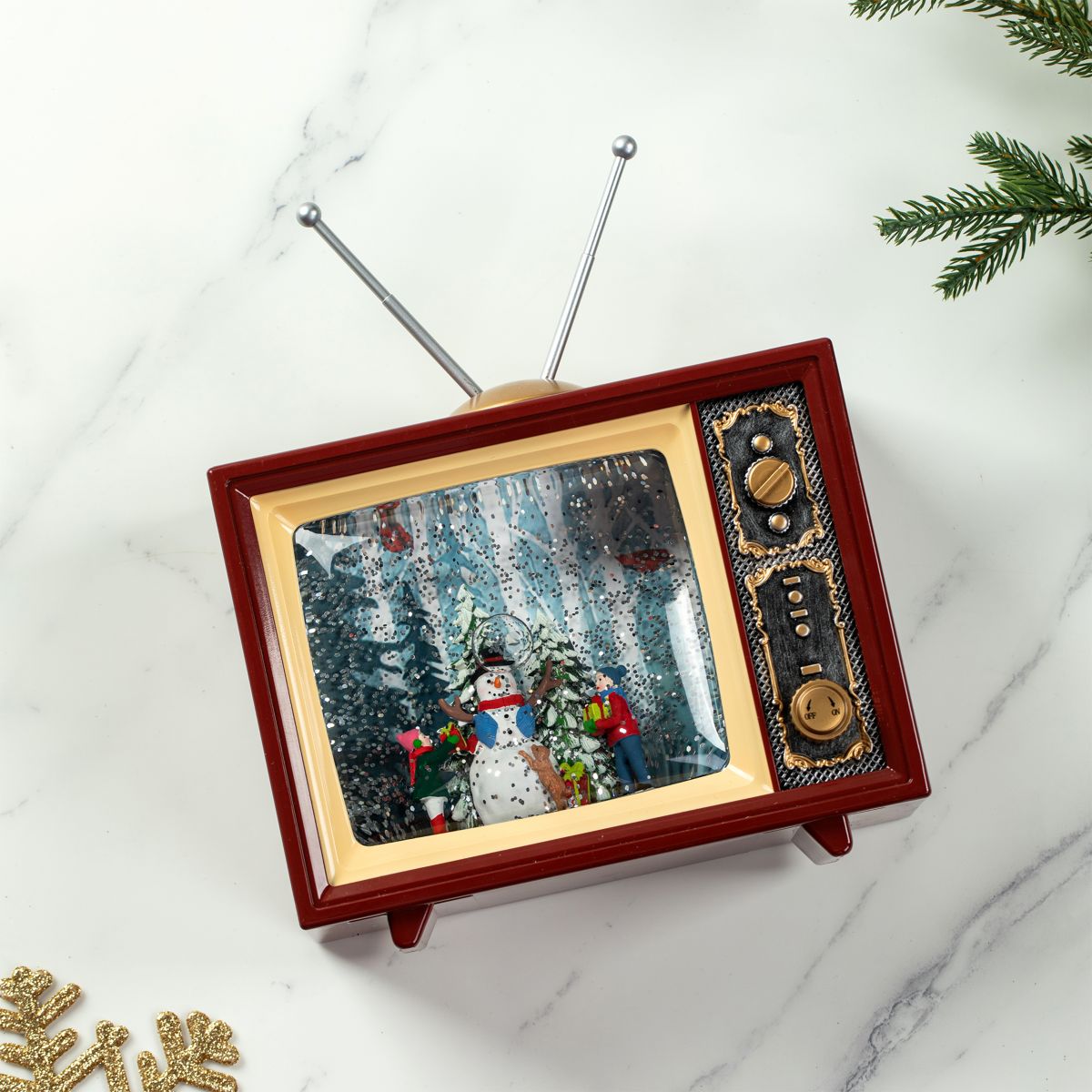 7.5"L Lighted TV with  Snowman Waterglobe