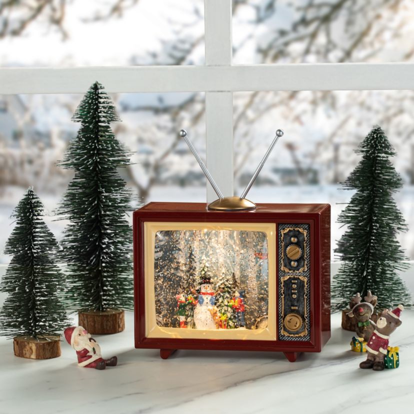7.5"L Lighted TV with  Snowman Waterglobe