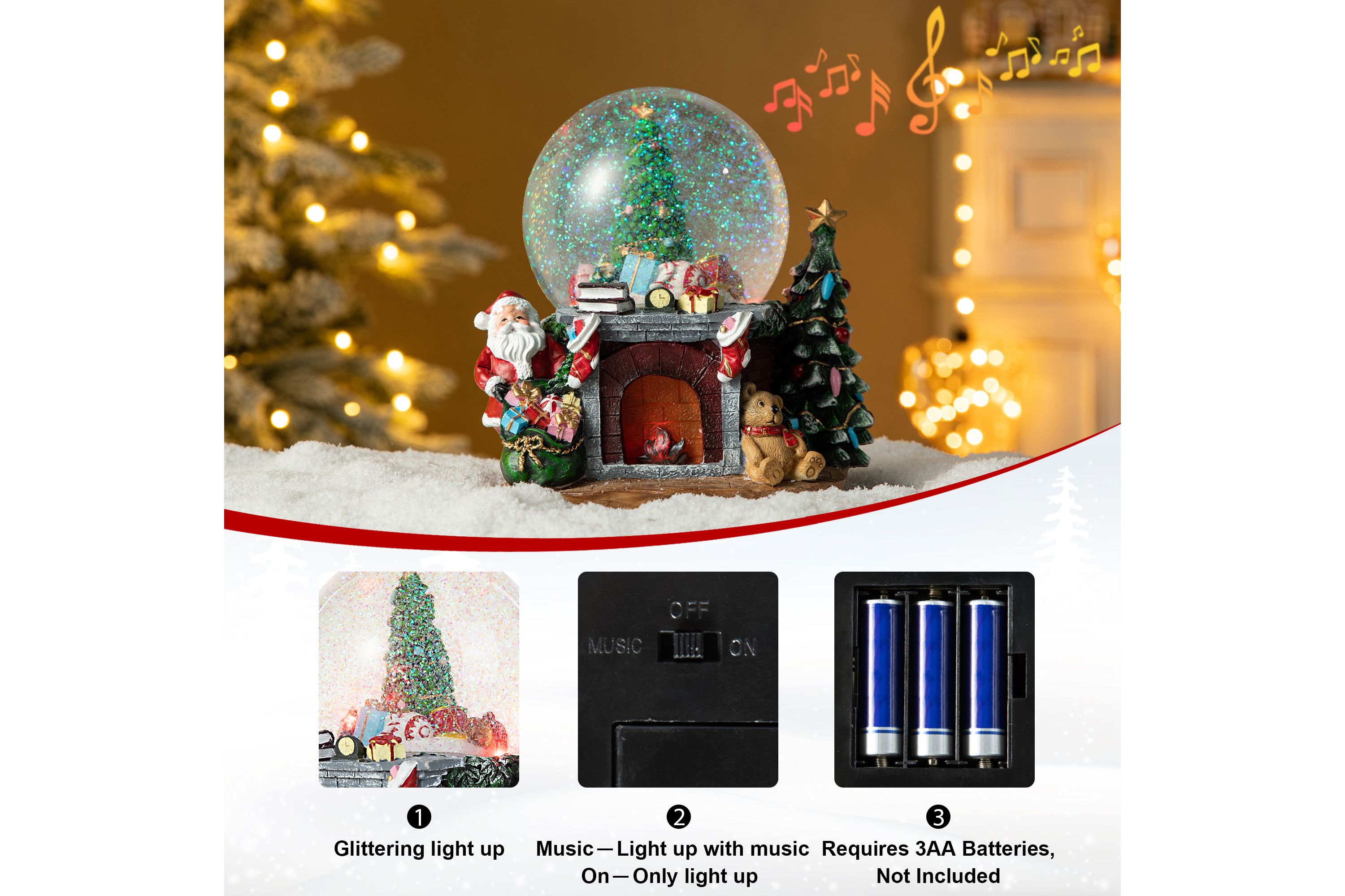 120mm Christmas Resin Lighted Musical  Christmas Tree on Fireplace Waterglobe