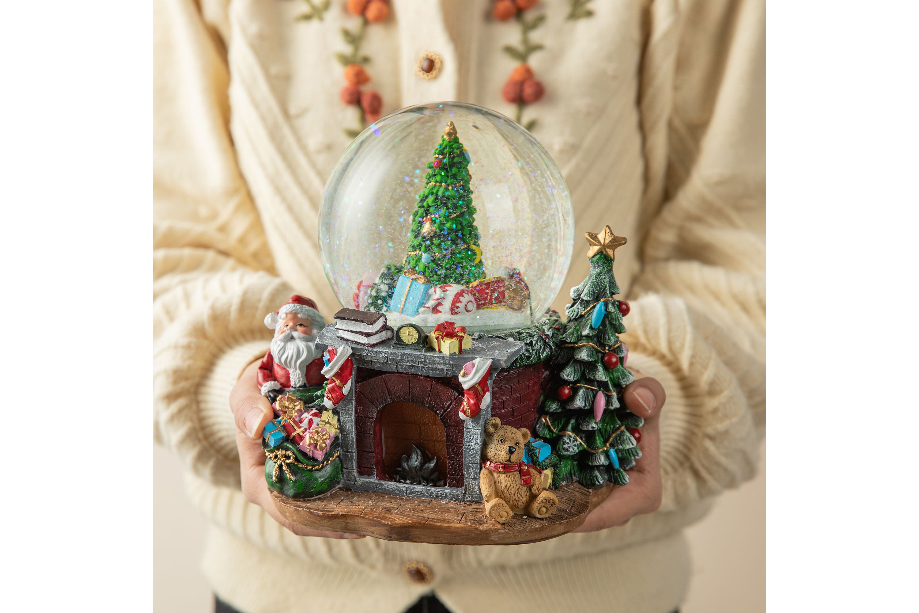 120mm Christmas Resin Lighted Musical  Christmas Tree on Fireplace Waterglobe