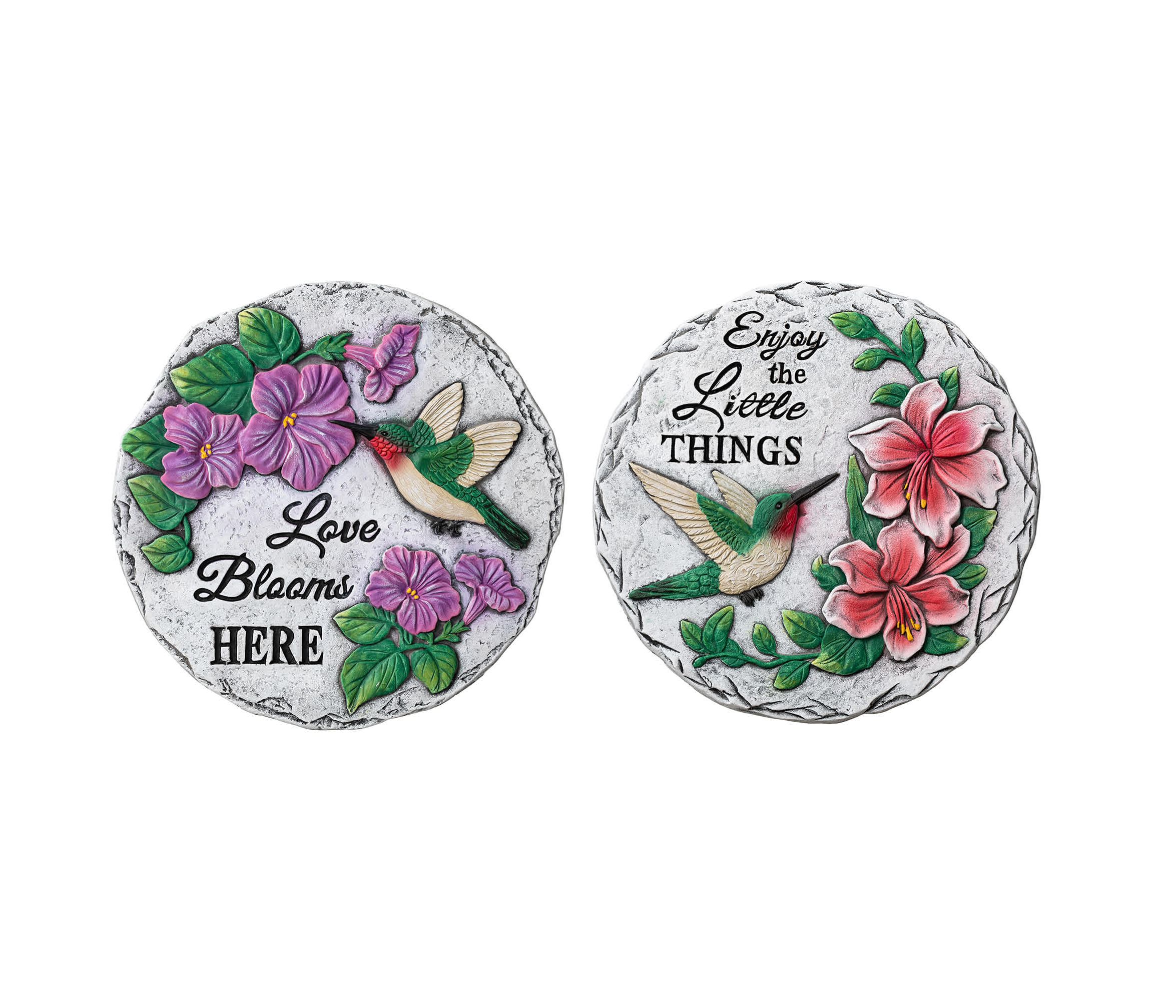 10"D Set of 2 Cement Hummingbird and Flower Textured Stepping Stones