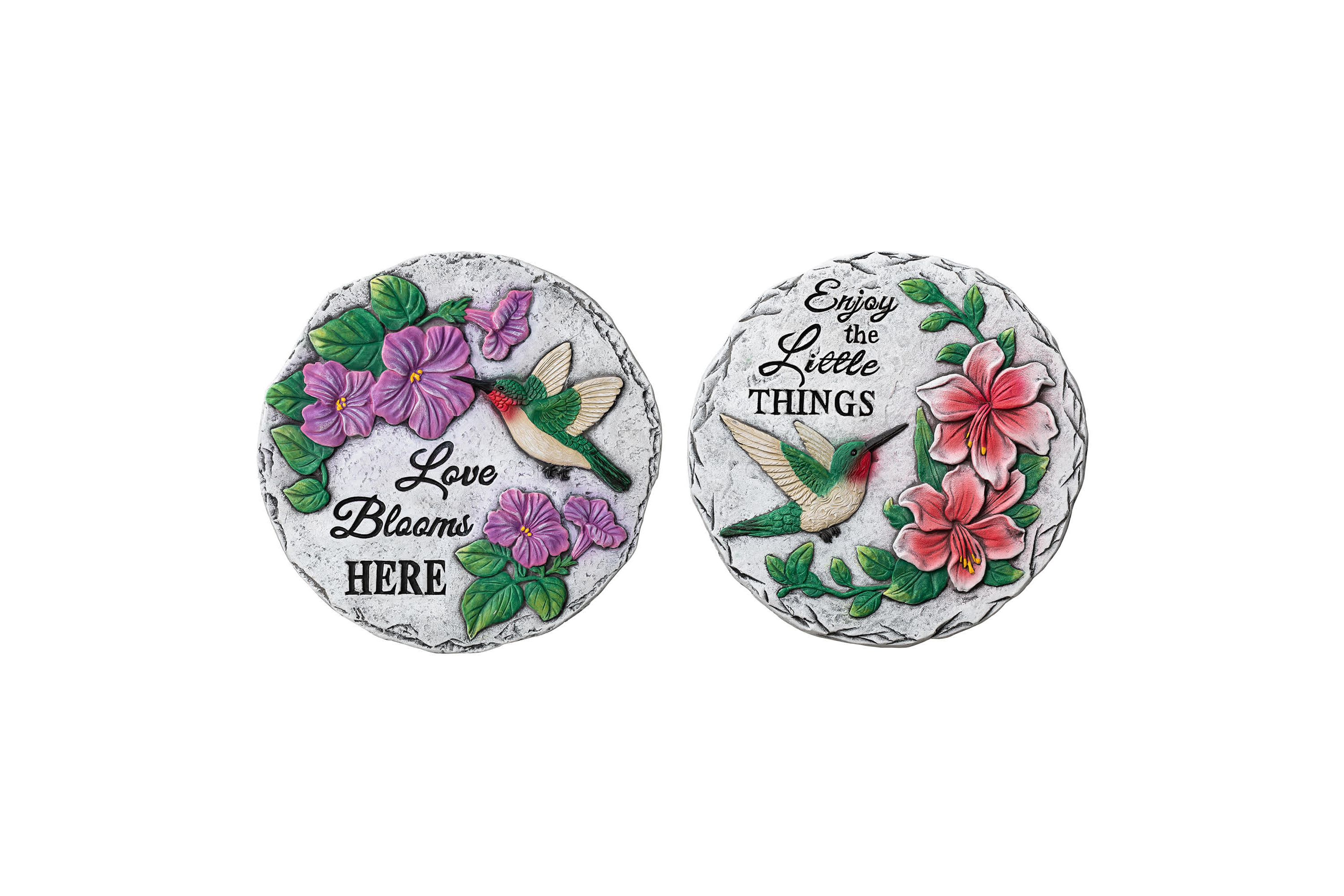10"D Set of 2 Cement Hummingbird and Flower Textured Stepping Stones