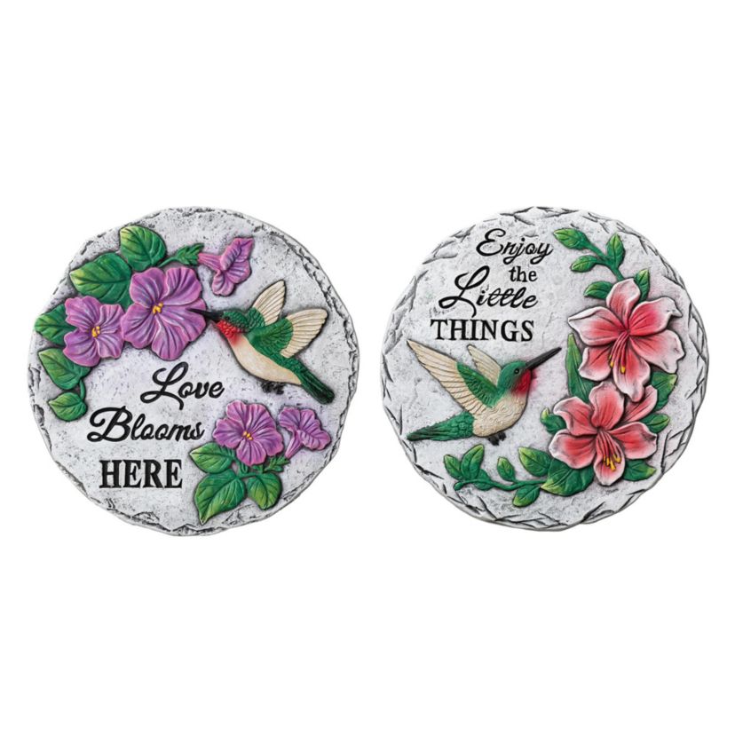 10"D Set of 2 Cement Hummingbird and Flower Textured Stepping Stones