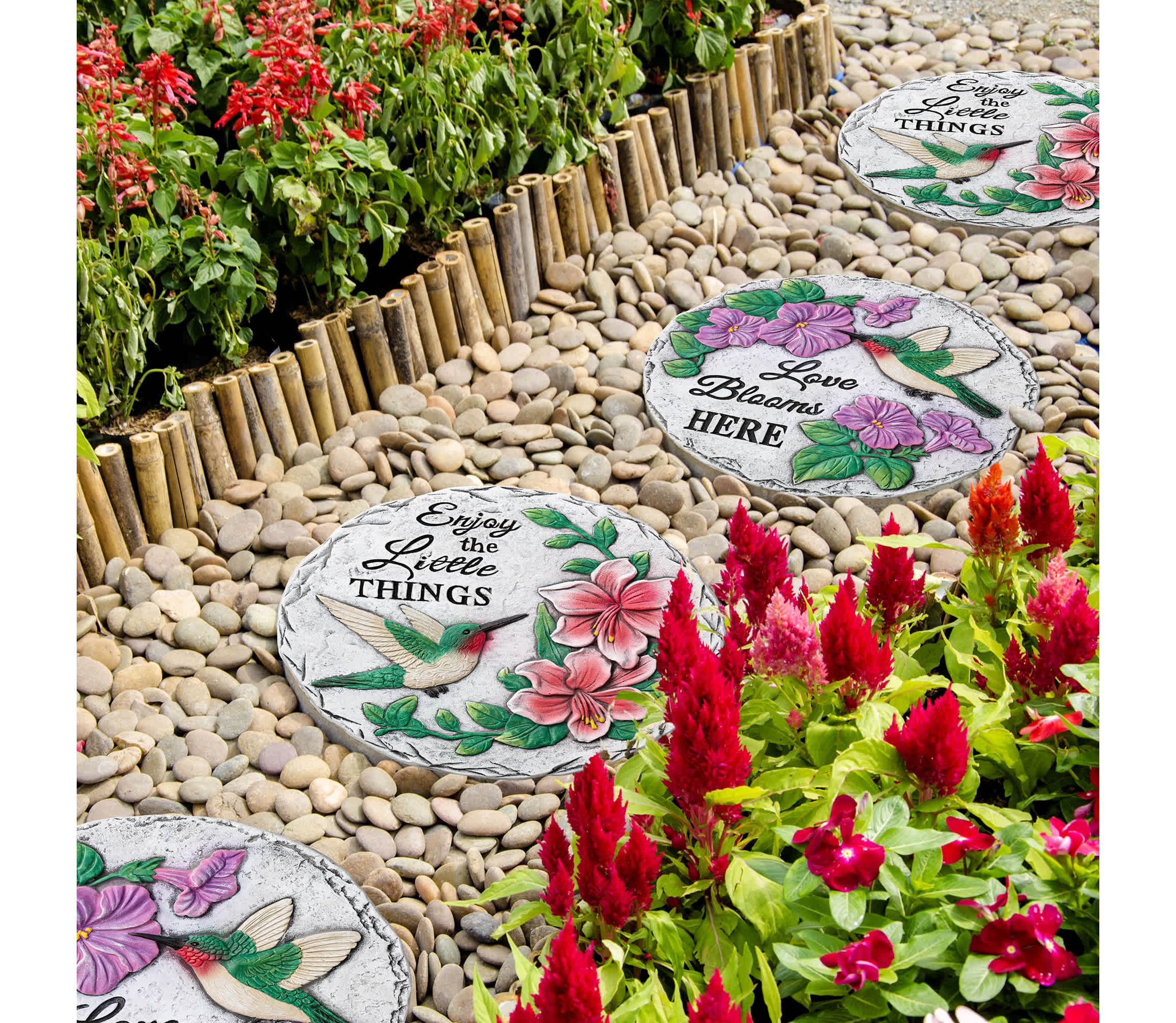 10"D Set of 2 Cement Hummingbird and Flower Textured Stepping Stones