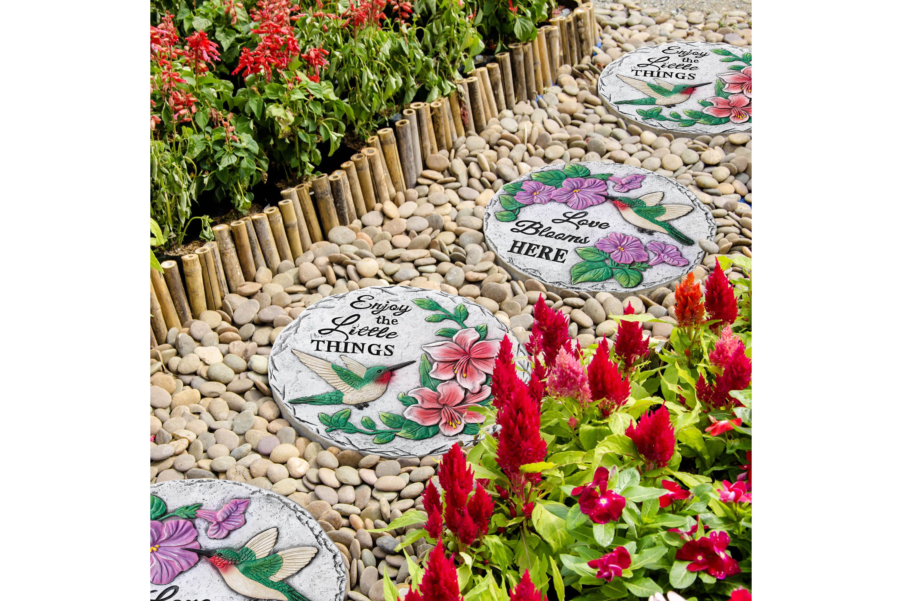 10"D Set of 2 Cement Hummingbird and Flower Textured Stepping Stones