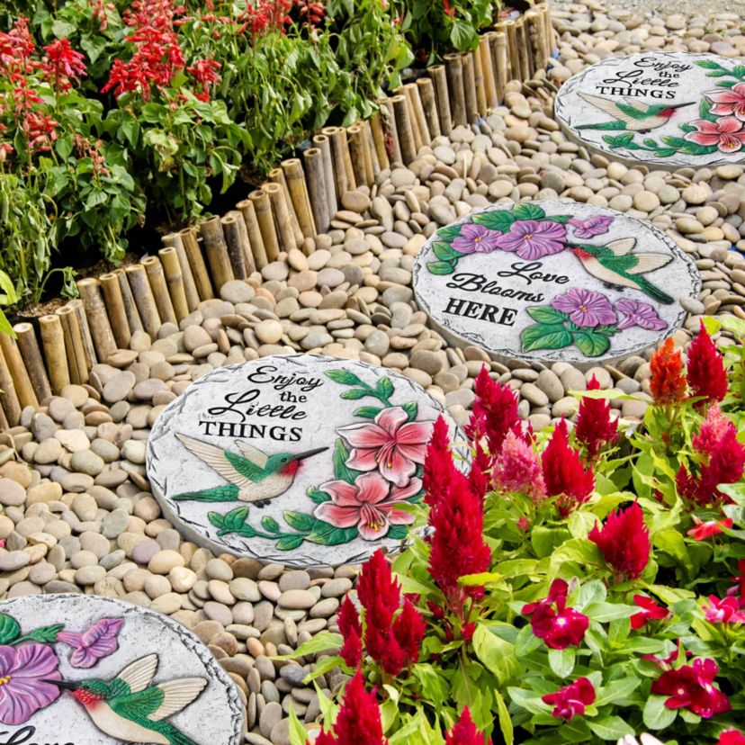 10"D Set of 2 Cement Hummingbird and Flower Textured Stepping Stones