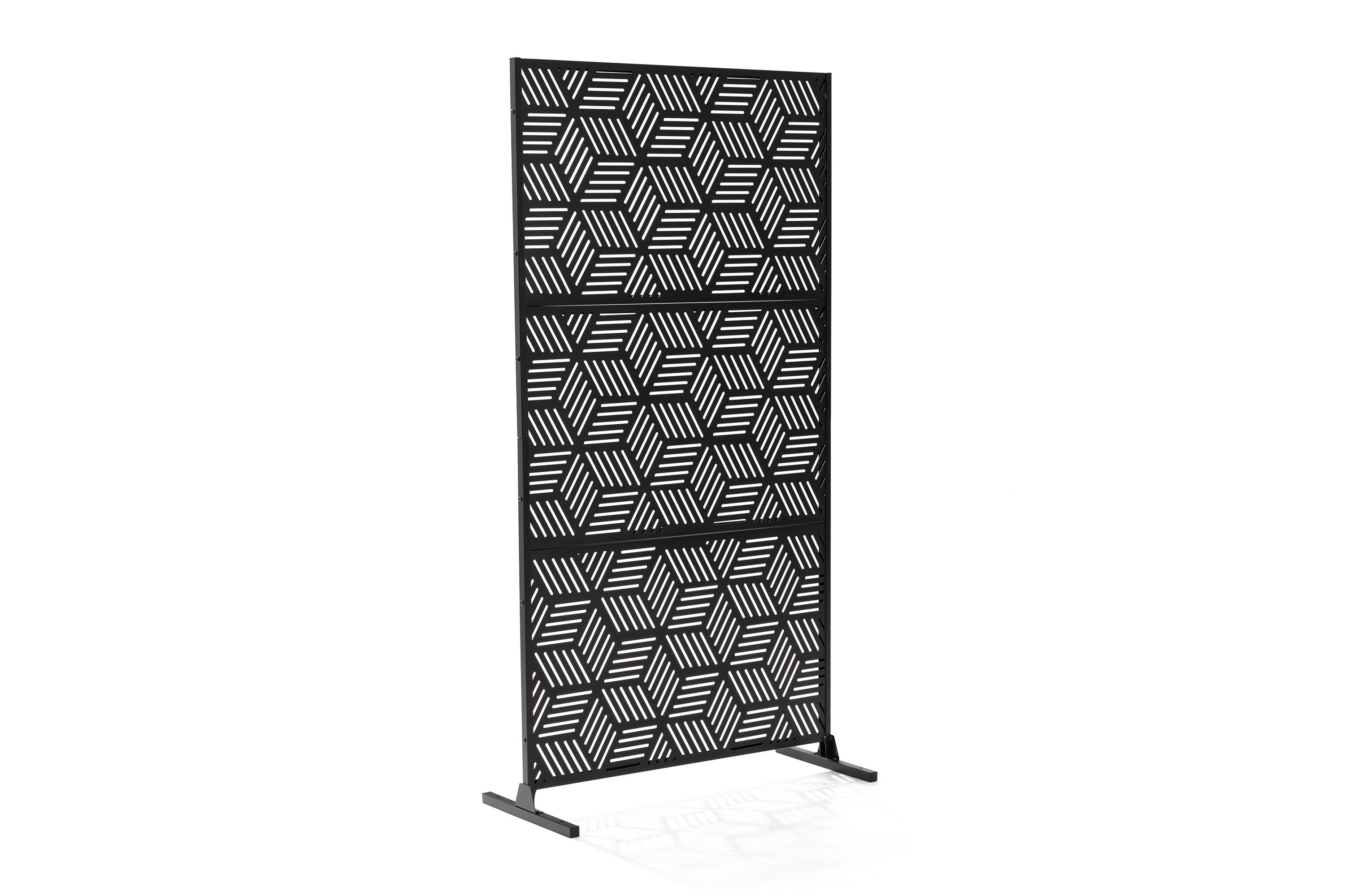 6ft Black Galvanized Steel Geometric Pattern Privacy Screen Fence Panel Room Divider with Riser Feet