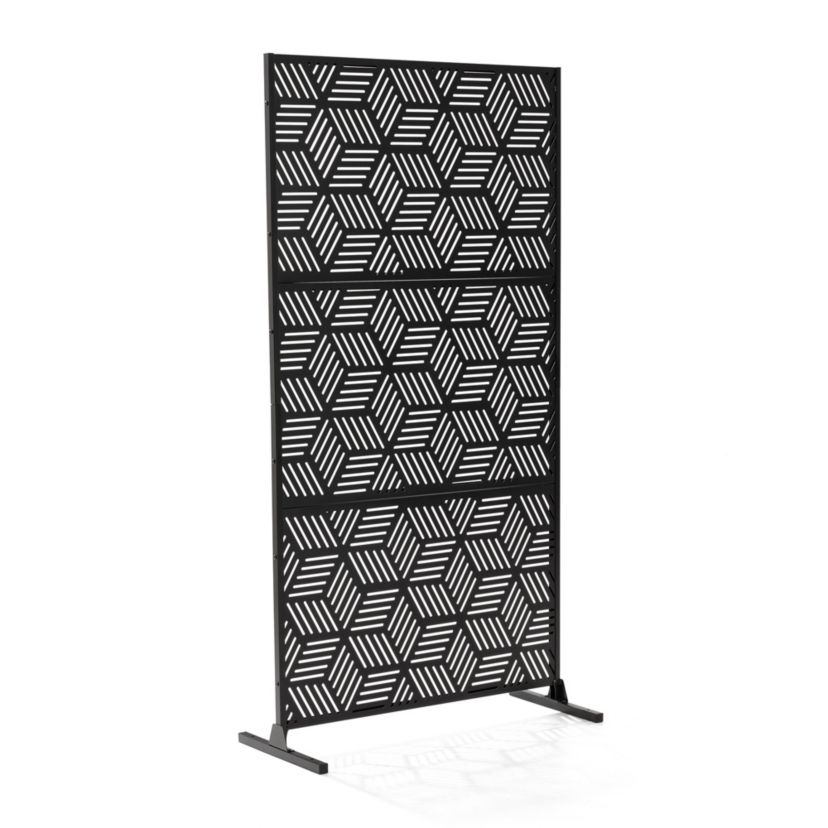 6ft Black Galvanized Steel Geometric Pattern Privacy Screen Fence Panel Room Divider with Riser Feet