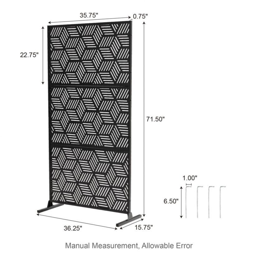 6ft Black Galvanized Steel Geometric Pattern Privacy Screen Fence Panel Room Divider with Riser Feet