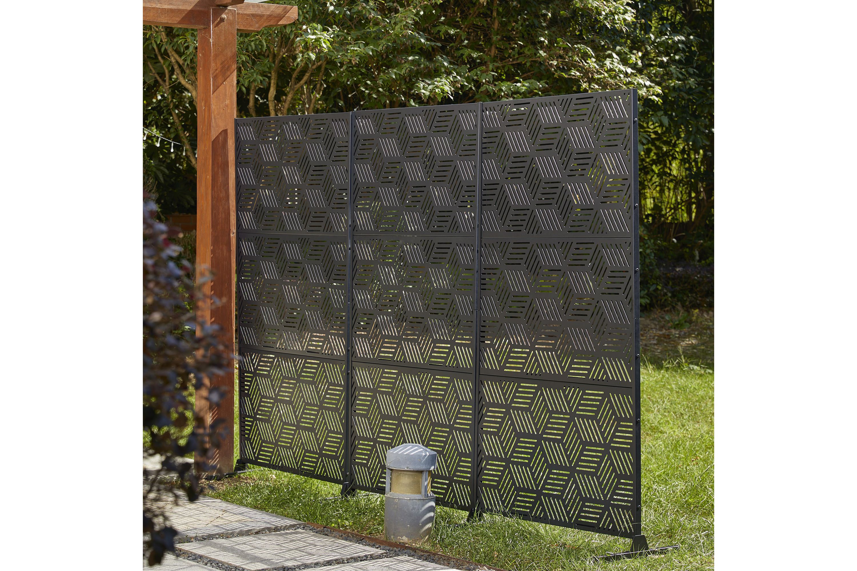 6ft Black Galvanized Steel Geometric Pattern Privacy Screen Fence Panel Room Divider with Riser Feet