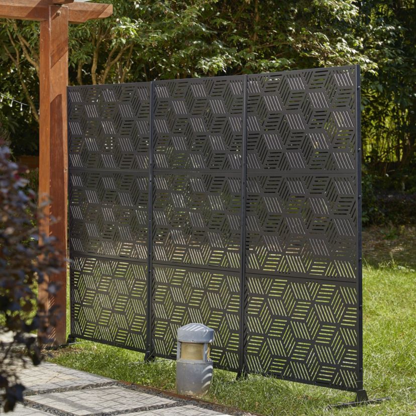 6ft Black Galvanized Steel Geometric Pattern Privacy Screen Fence Panel Room Divider with Riser Feet