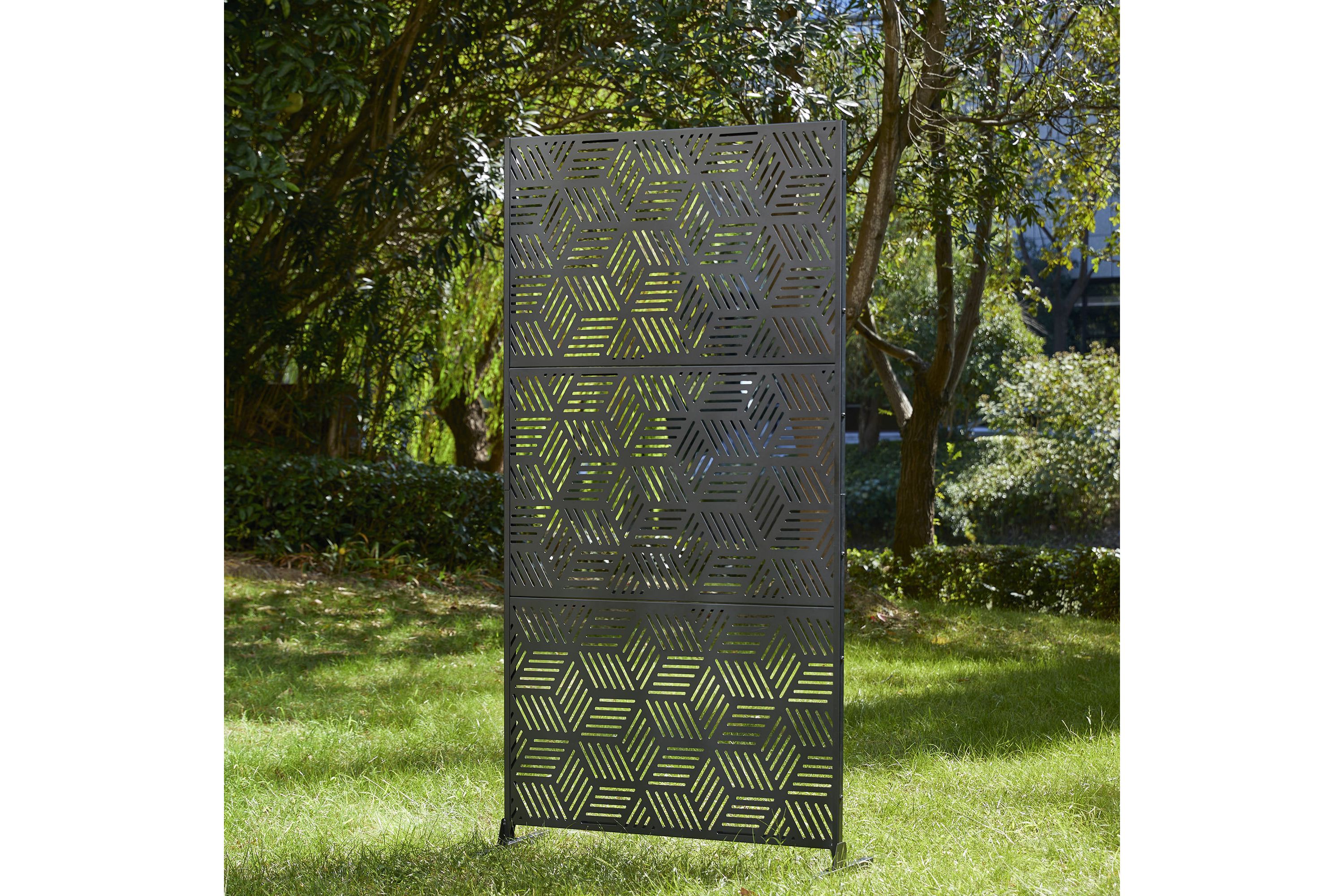 6ft Black Galvanized Steel Geometric Pattern Privacy Screen Fence Panel Room Divider with Riser Feet