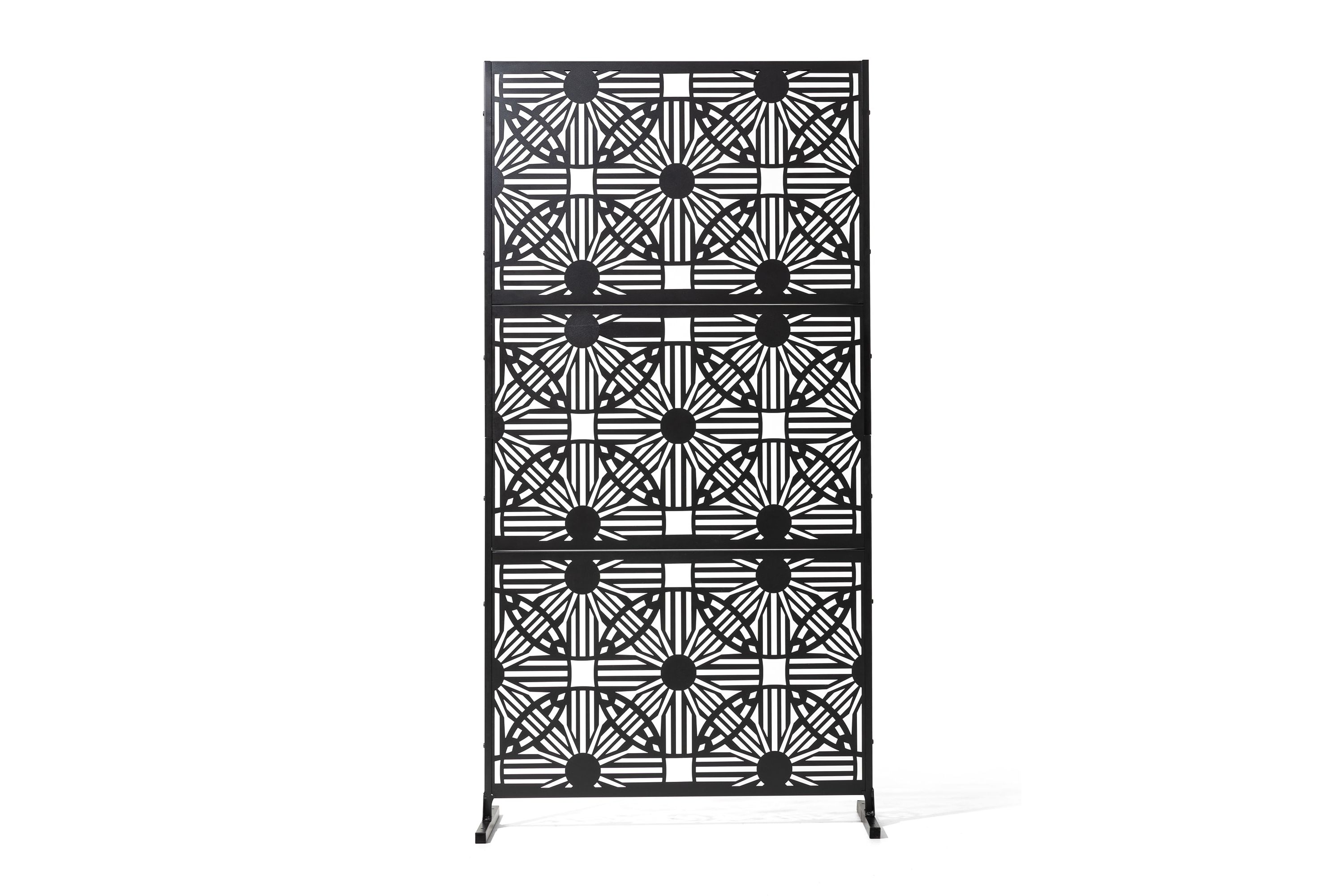 6ft Black Galvanized Steel Floral Pattern Privacy Screen Fence Panel Room Divider with Riser Feet
