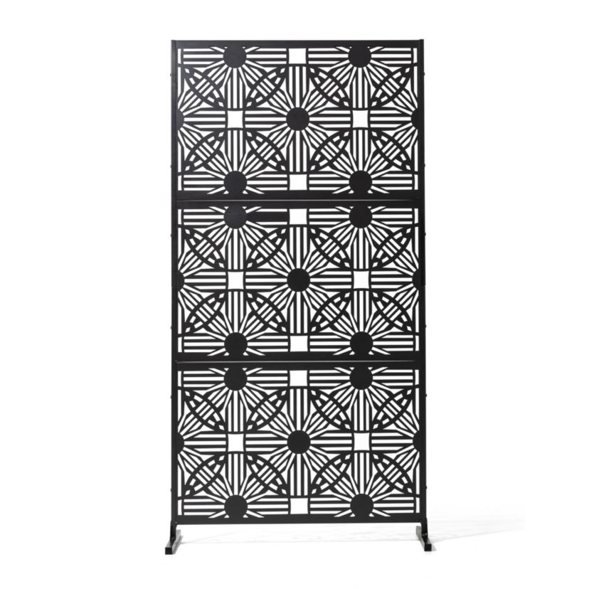 6ft Black Galvanized Steel Floral Pattern Privacy Screen Fence Panel Room Divider with Riser Feet