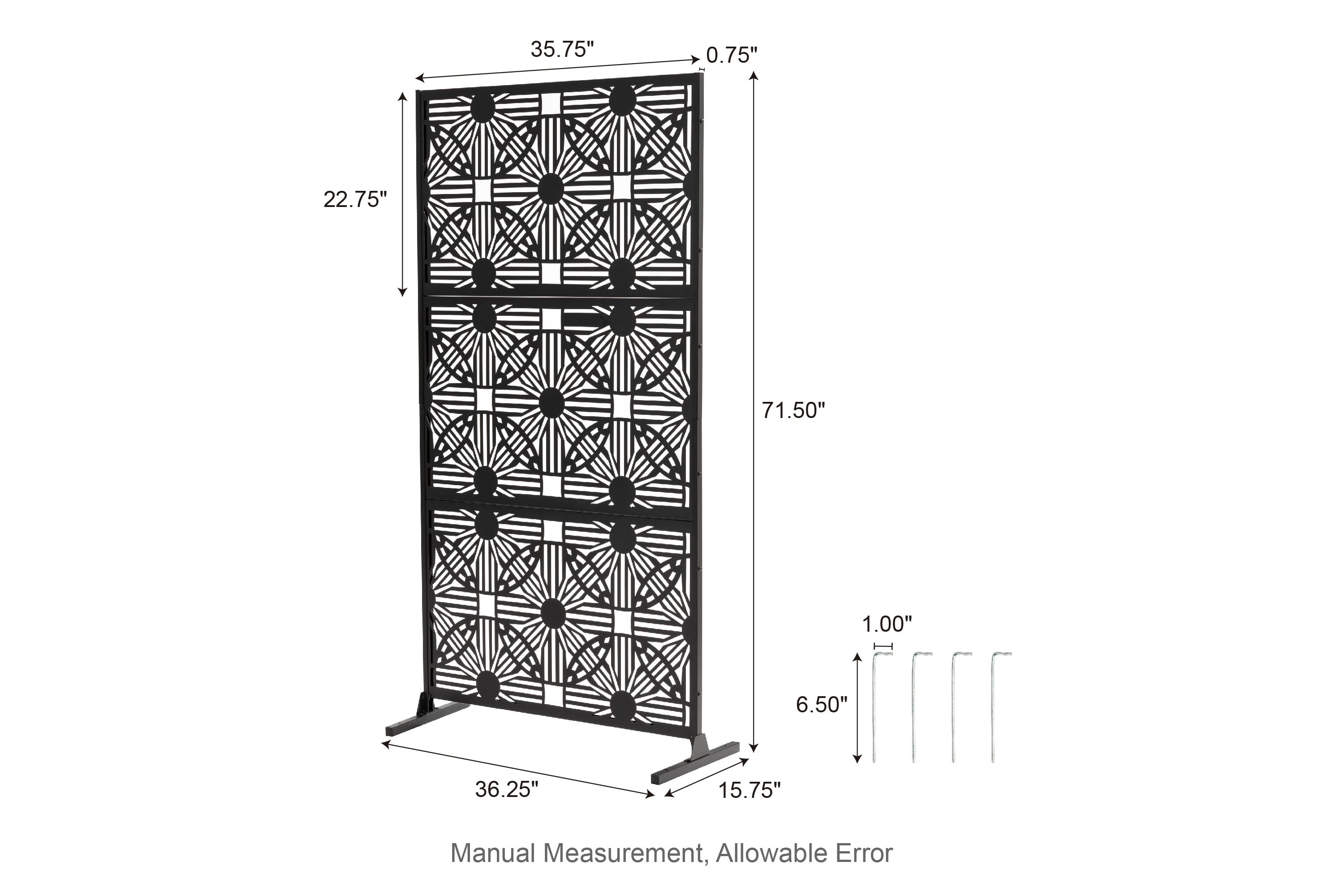 6ft Black Galvanized Steel Floral Pattern Privacy Screen Fence Panel Room Divider with Riser Feet