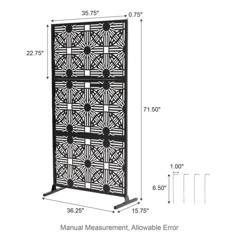 6ft Black Galvanized Steel Floral Pattern Privacy Screen Fence Panel Room Divider with Riser Feet