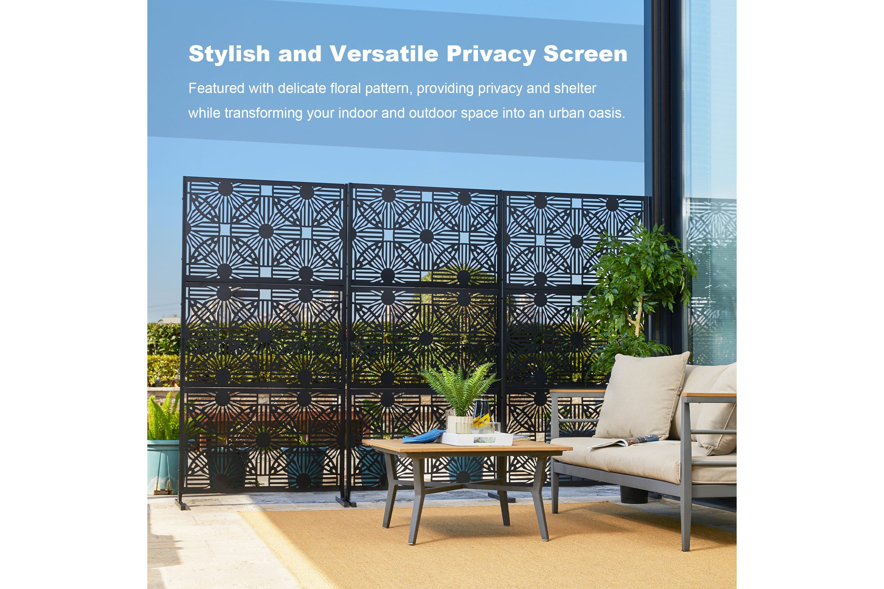 6ft Black Galvanized Steel Floral Pattern Privacy Screen Fence Panel Room Divider with Riser Feet