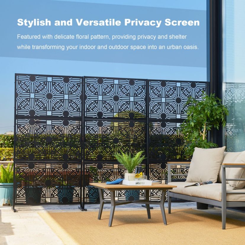 6ft Black Galvanized Steel Floral Pattern Privacy Screen Fence Panel Room Divider with Riser Feet