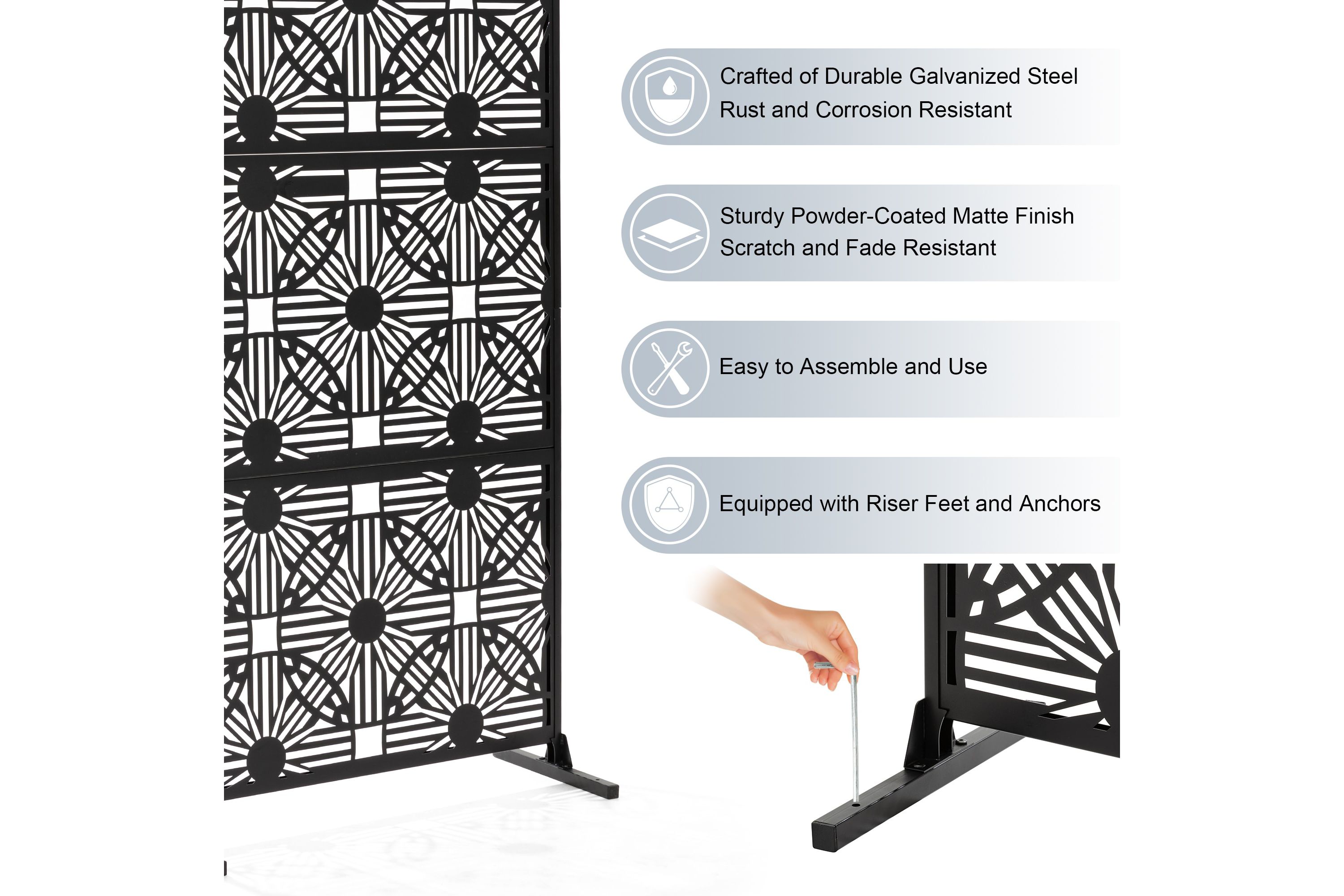6ft Black Galvanized Steel Floral Pattern Privacy Screen Fence Panel Room Divider with Riser Feet
