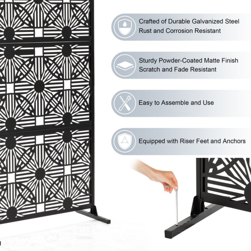 6ft Black Galvanized Steel Floral Pattern Privacy Screen Fence Panel Room Divider with Riser Feet