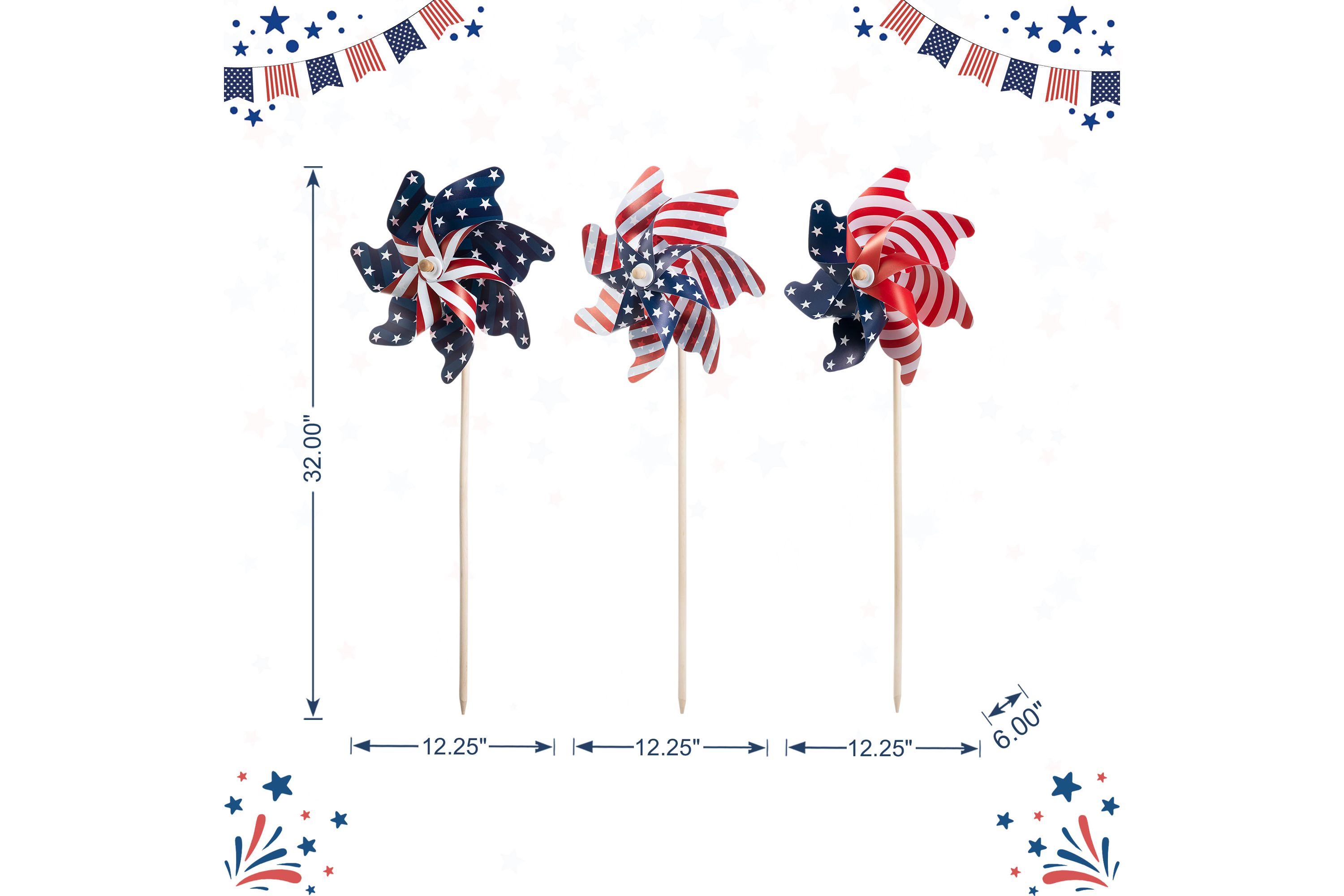 32"H Set of 3 Plastic Stars&Stripes Patriotic/ Americana Windmills(KD)