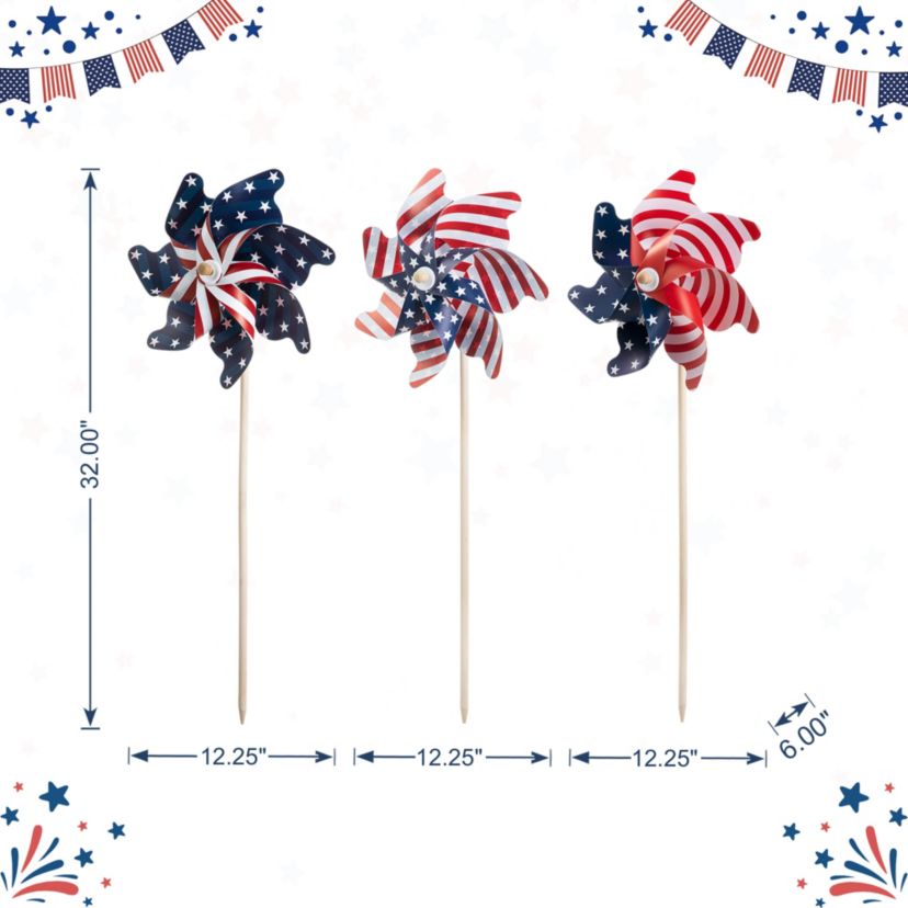 32"H Set of 3 Plastic Stars&Stripes Patriotic/ Americana Windmills(KD)