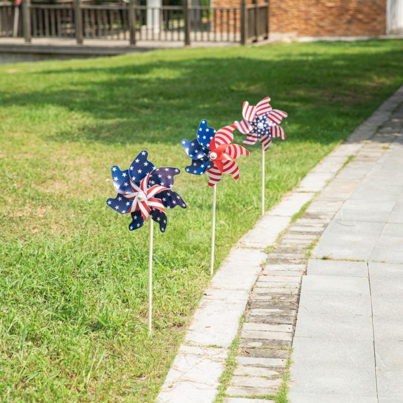 32"H Set of 3 Plastic Stars&Stripes Patriotic/ Americana Windmills(KD)