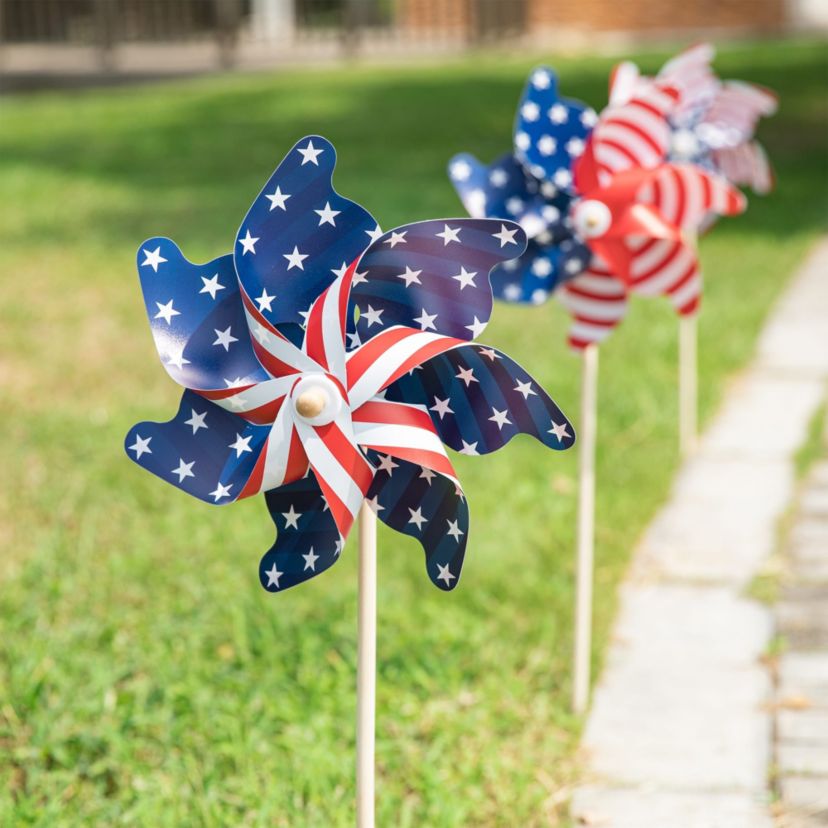 32"H Set of 3 Plastic Stars&Stripes Patriotic/ Americana Windmills(KD)