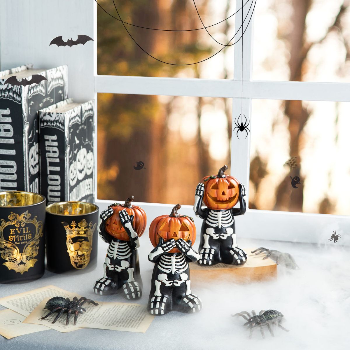 5.75"H Set of 3 Halloween Resin Skeleton Pumpkin Table Decor
