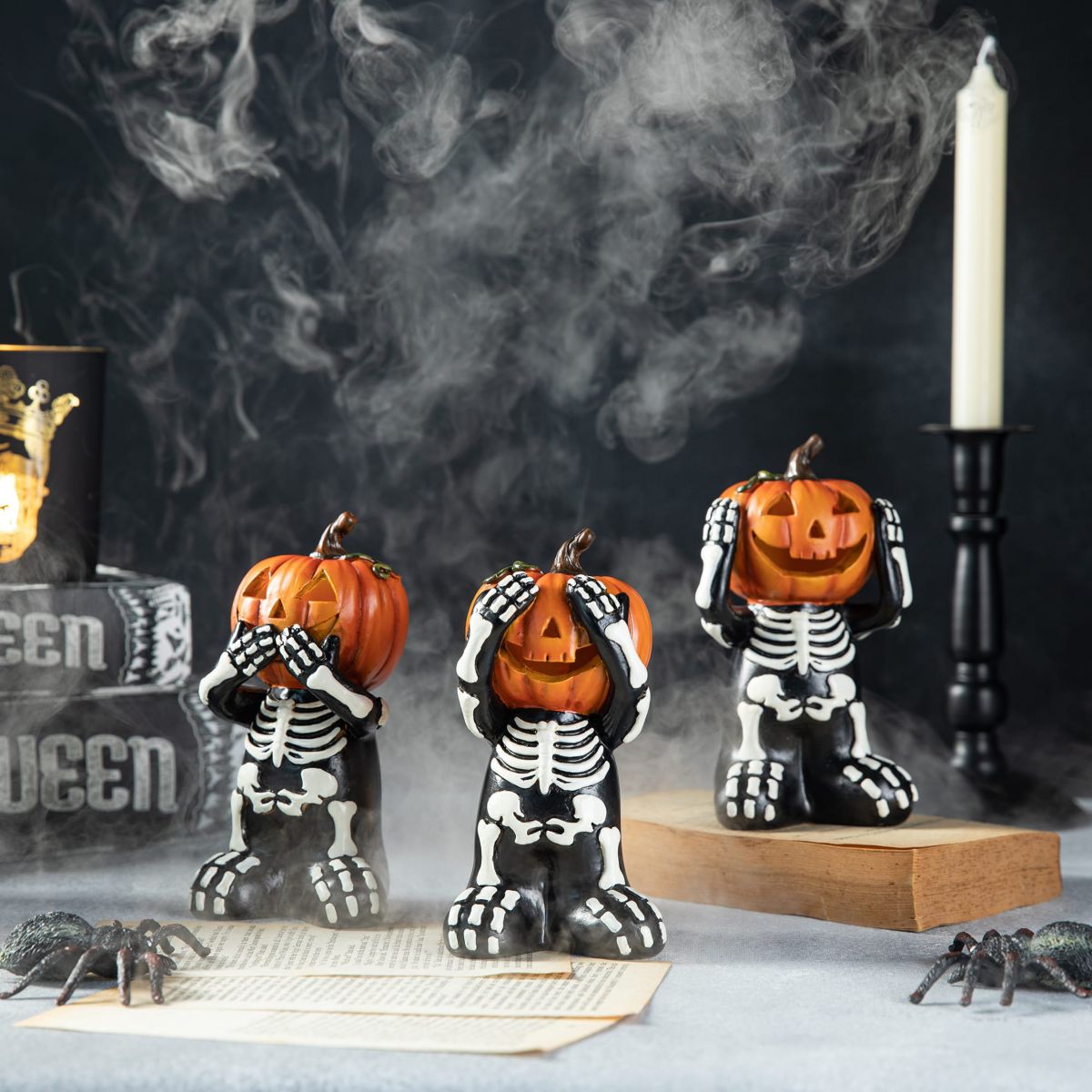 5.75"H Set of 3 Halloween Resin Skeleton Pumpkin Table Decor