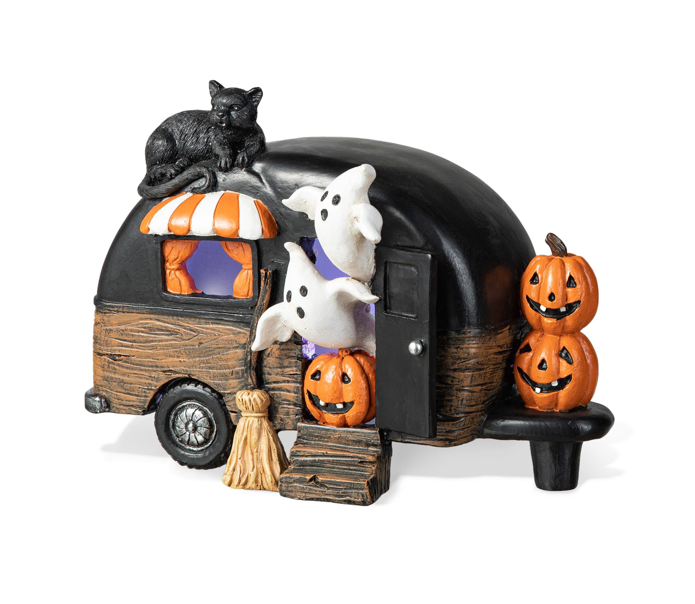 9.25L Halloween Polyresin Lighted Camper W/Ghost& Pumpkin&Black Cat Table Decor