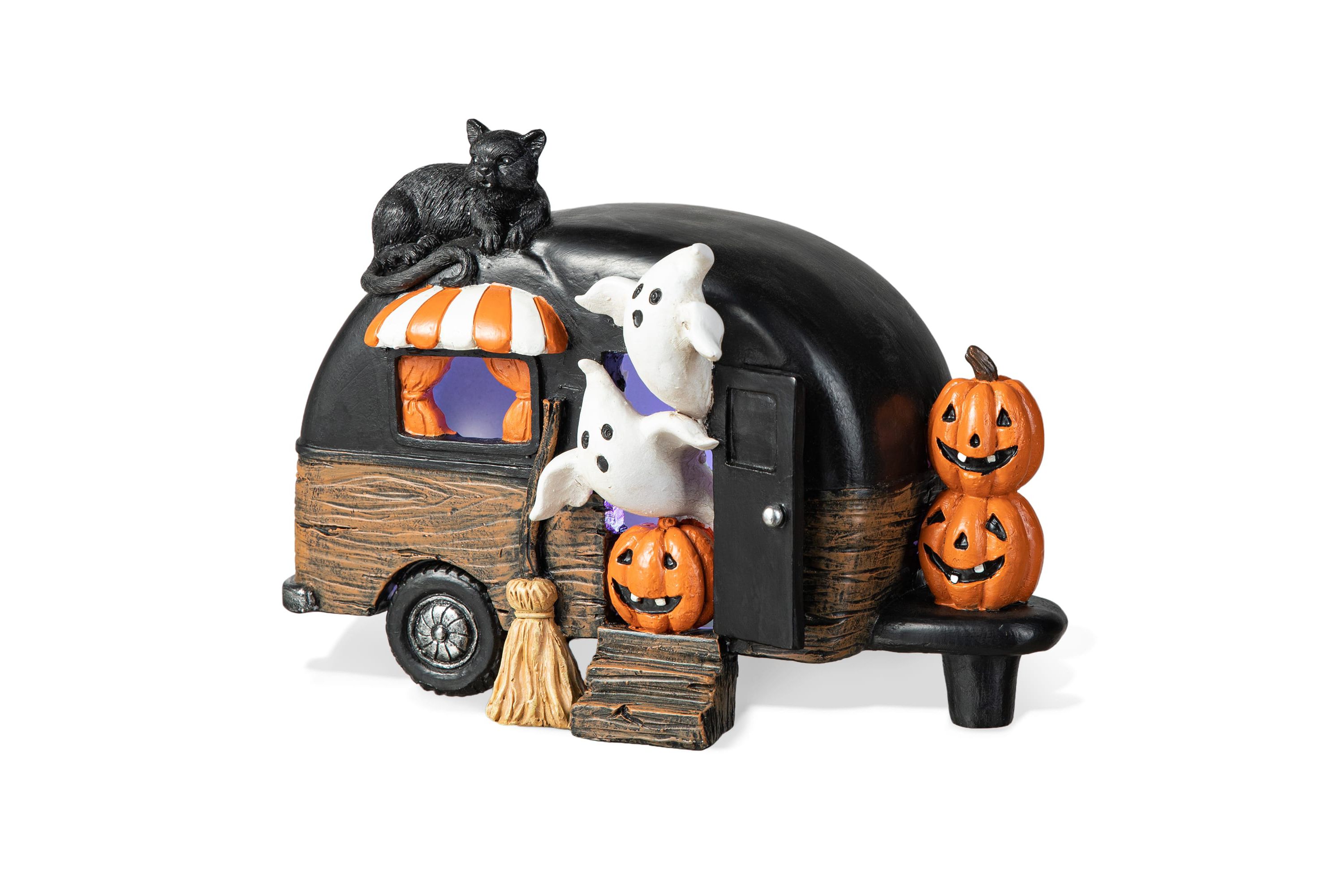 9.25L Halloween Polyresin Lighted Camper W/Ghost& Pumpkin&Black Cat Table Decor