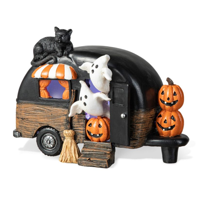 9.25L Halloween Polyresin Lighted Camper W/Ghost& Pumpkin&Black Cat Table Decor