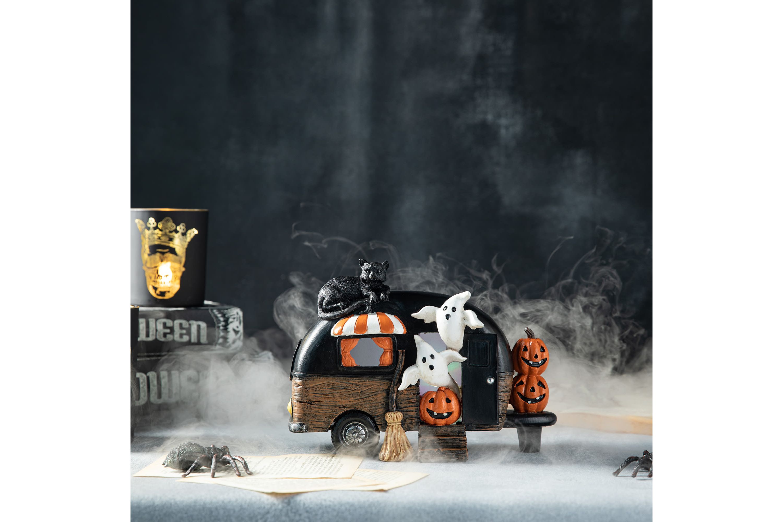 9.25L Halloween Polyresin Lighted Camper W/Ghost& Pumpkin&Black Cat Table Decor