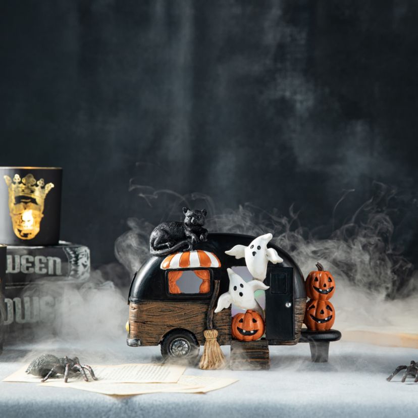 9.25L Halloween Polyresin Lighted Camper W/Ghost& Pumpkin&Black Cat Table Decor