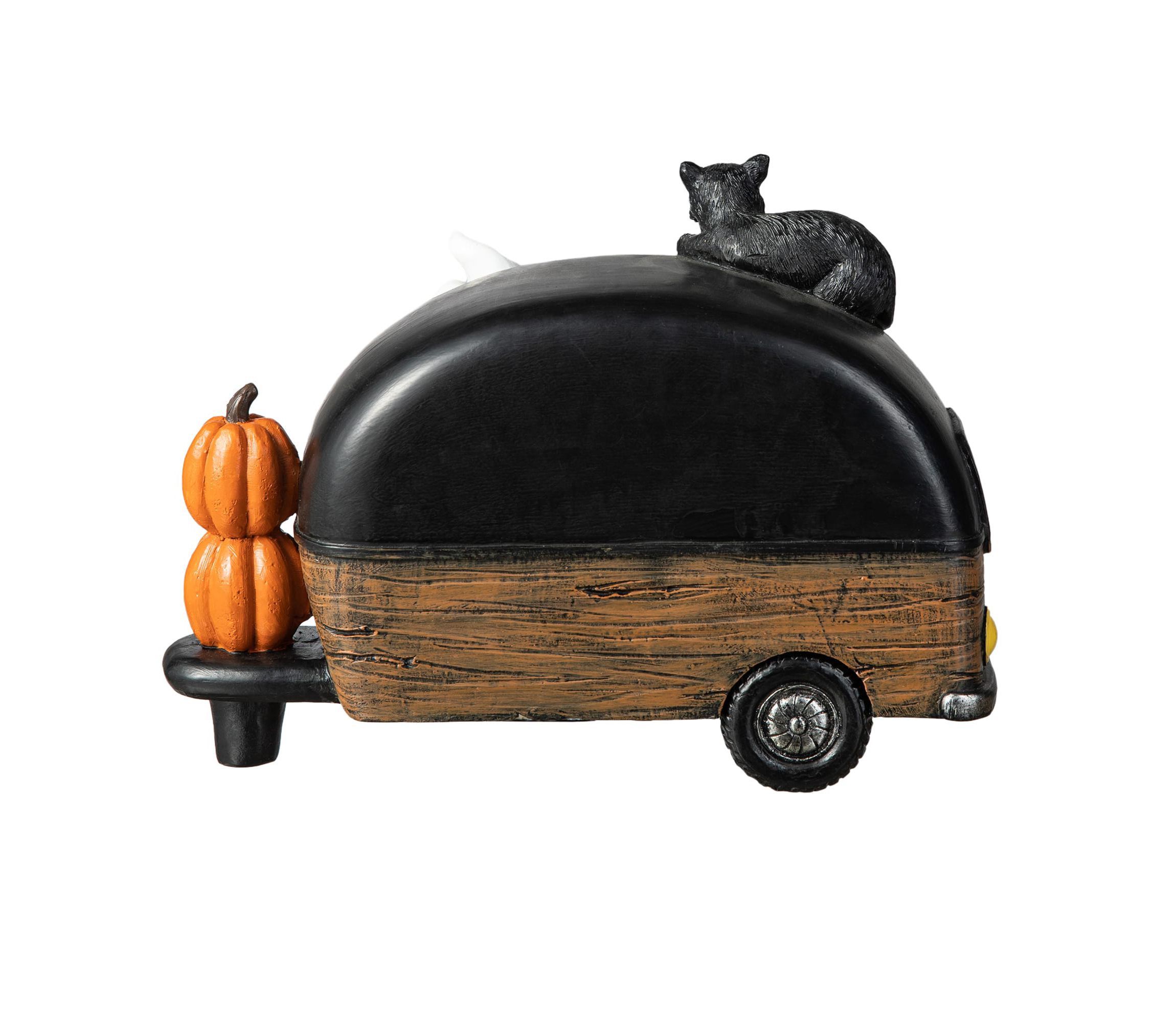 9.25L Halloween Polyresin Lighted Camper W/Ghost& Pumpkin&Black Cat Table Decor