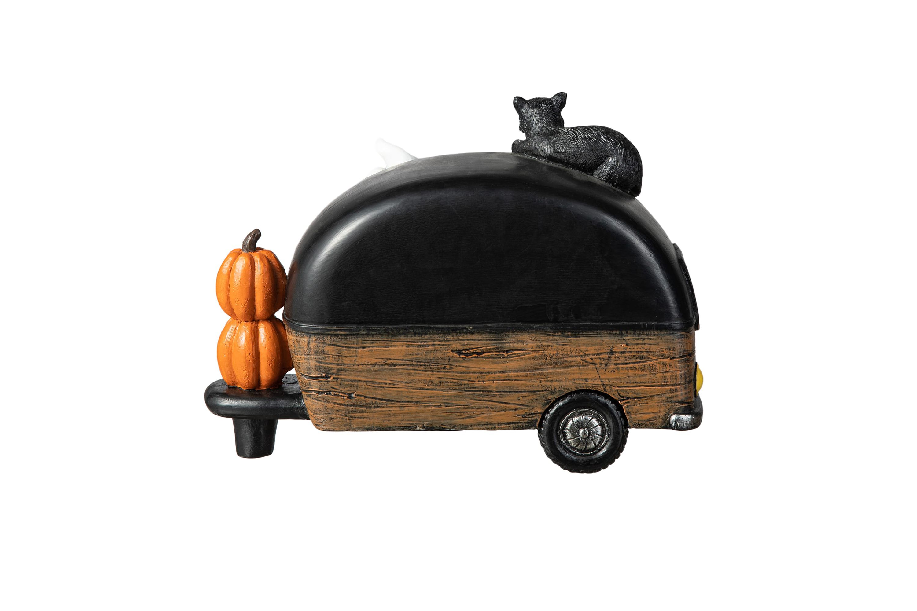9.25L Halloween Polyresin Lighted Camper W/Ghost& Pumpkin&Black Cat Table Decor