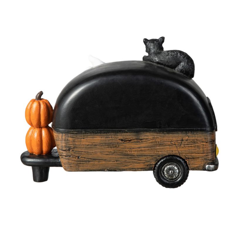 9.25L Halloween Polyresin Lighted Camper W/Ghost& Pumpkin&Black Cat Table Decor
