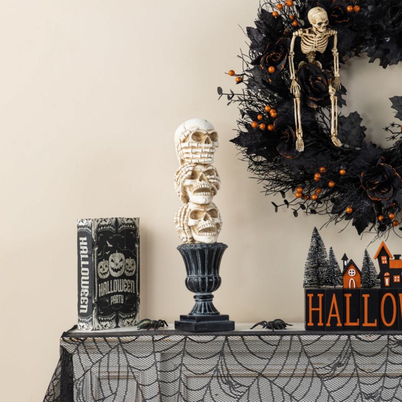 18H Halloween Resin Stacked Skull Table Decor