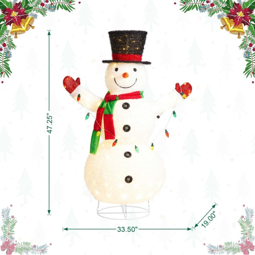 47.25"H Lighted Christmas 3D Foldable Fabric Snowman Outdoor Décor with Colorful Bulbs and 160 Warm White LED Lights (KD)