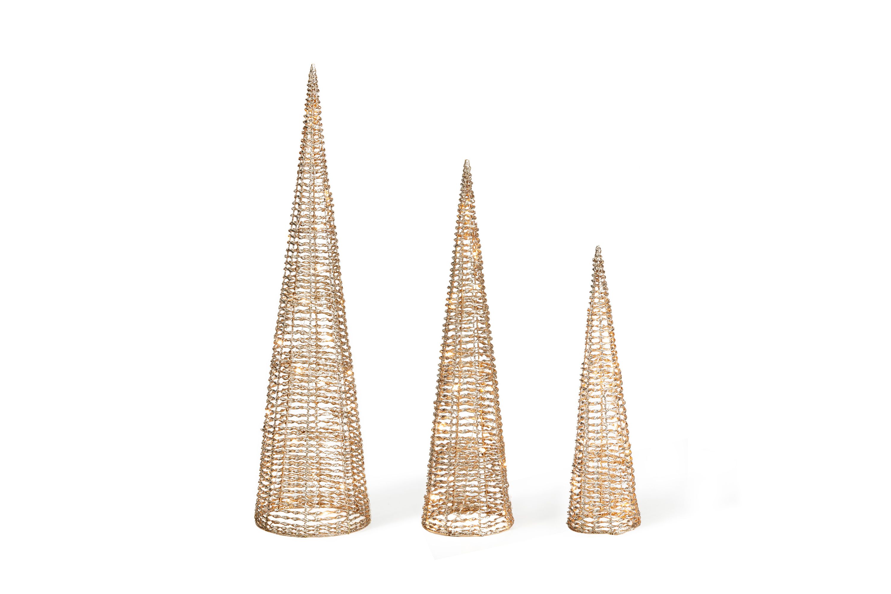 Set of 3 Lighted Christmas Plastic Champagne Gold Cone Tree with 65 Warm White LED Lights