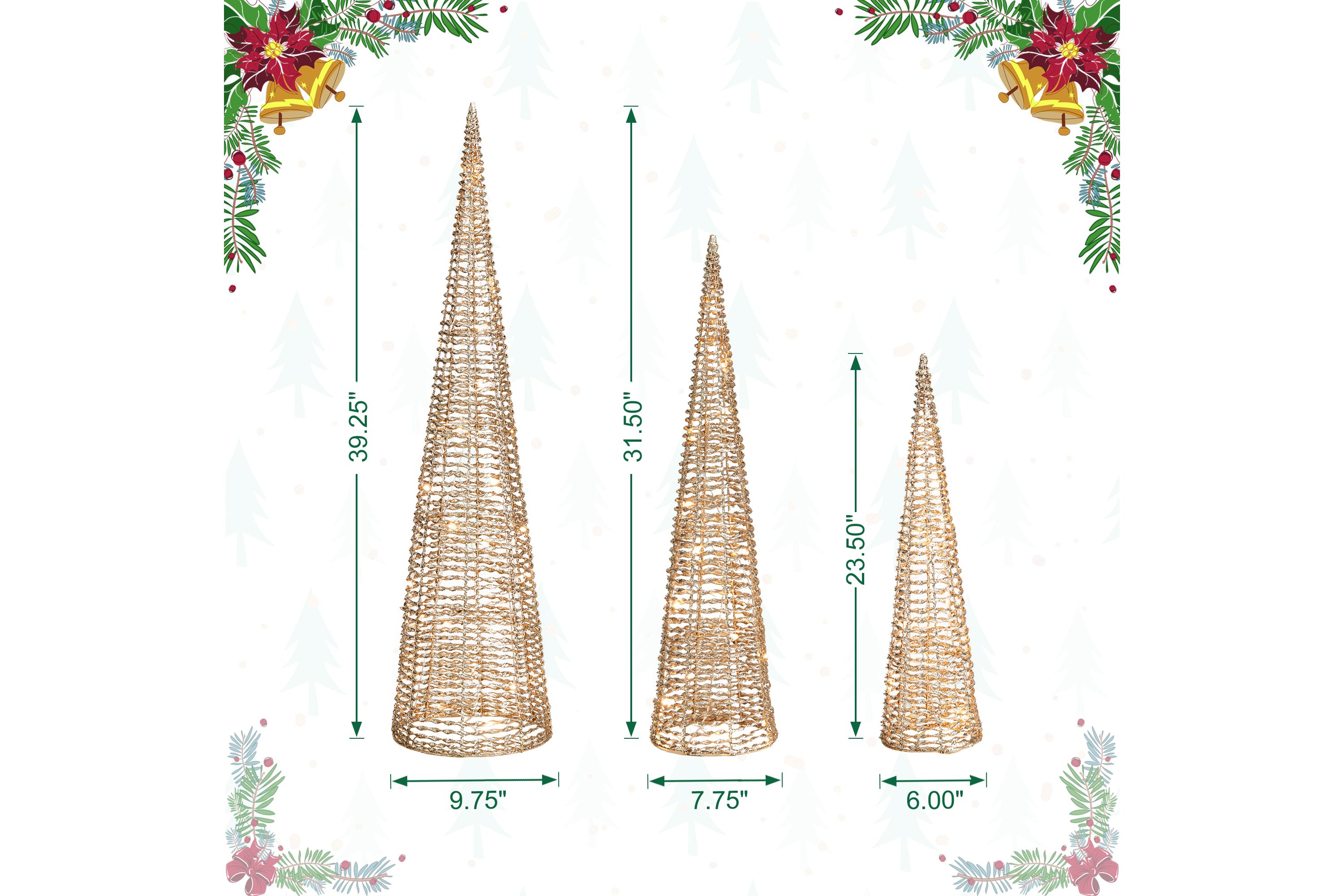 Set of 3 Lighted Christmas Plastic Champagne Gold Cone Tree with 65 Warm White LED Lights
