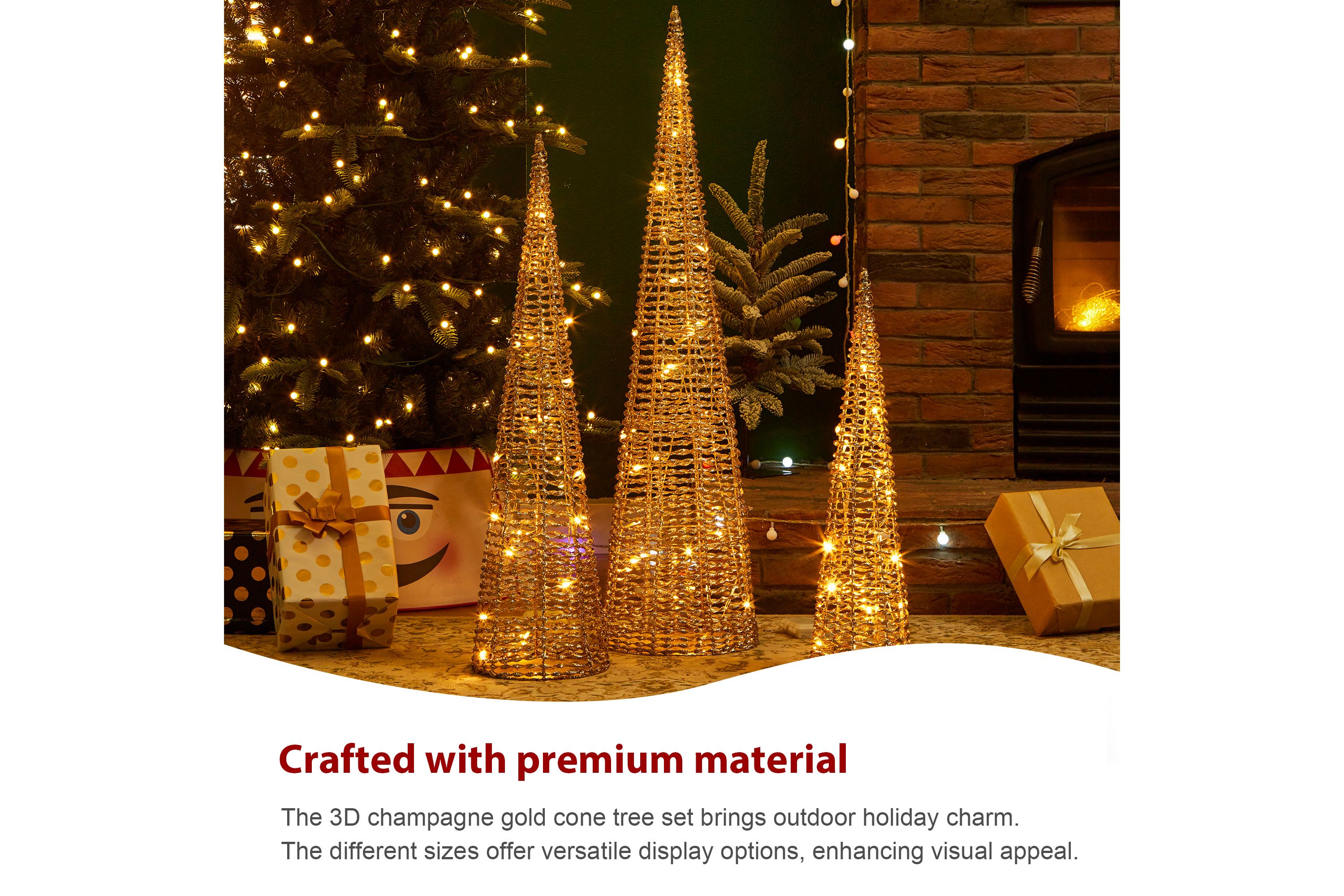 Set of 3 Lighted Christmas Plastic Champagne Gold Cone Tree with 65 Warm White LED Lights