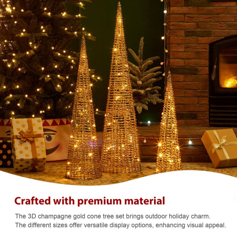 Set of 3 Lighted Christmas Plastic Champagne Gold Cone Tree with 65 Warm White LED Lights