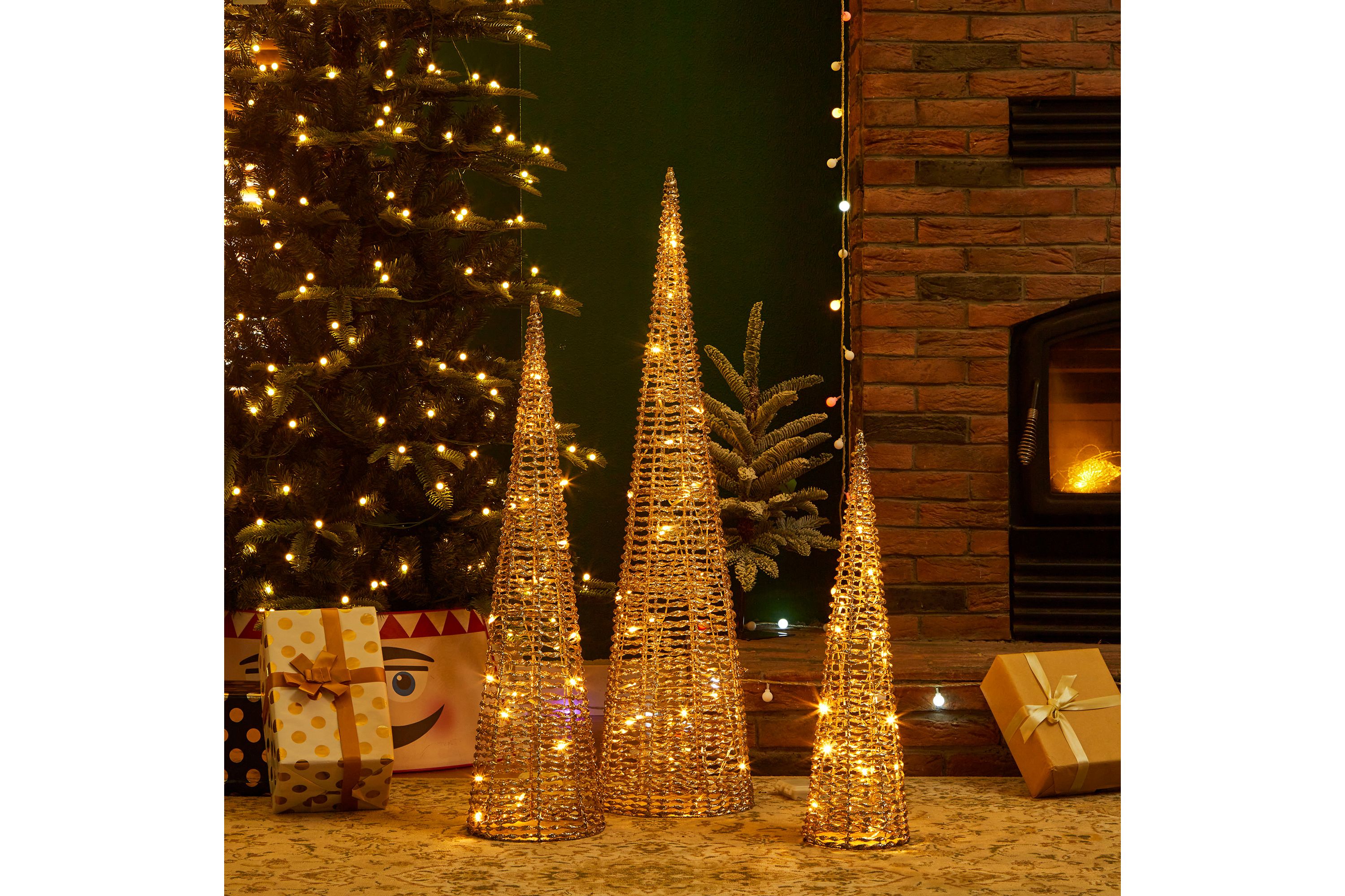 Set of 3 Lighted Christmas Plastic Champagne Gold Cone Tree with 65 Warm White LED Lights