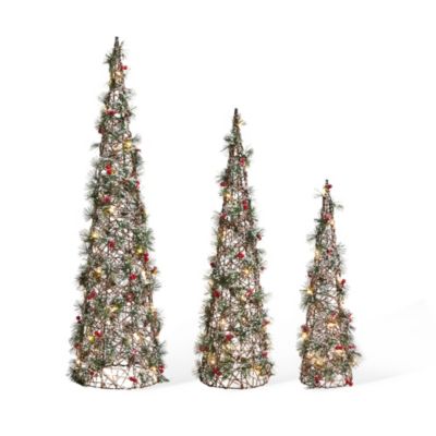 Glitzhome Set of 3 Lighted Christmas Plastic Cone Tree with 75 Warm White LED Lights, Brown