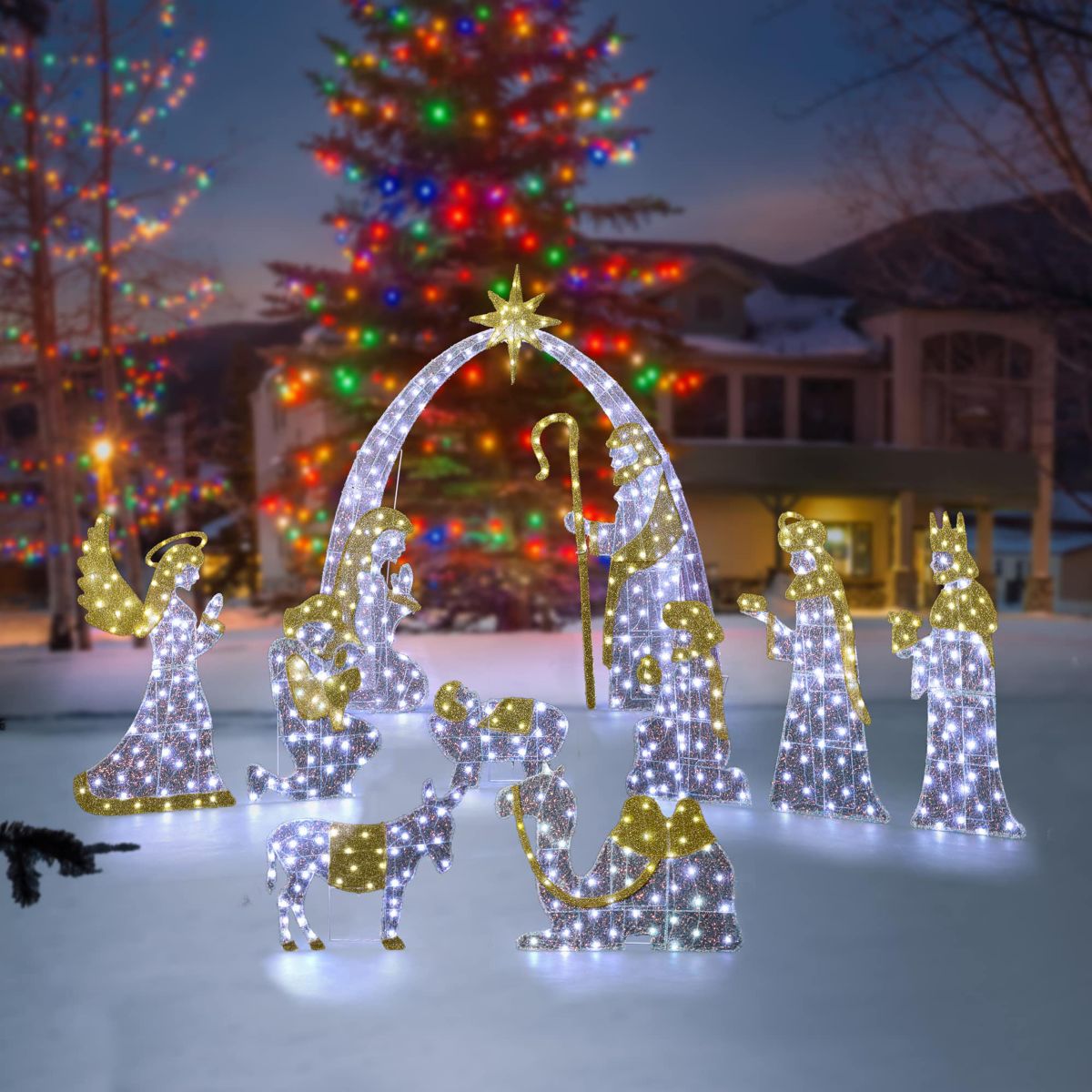 S/11 Lighted Christmas 2D Iridescent Fabric Nativity Scene Outdoor Decor with 590 White Lights