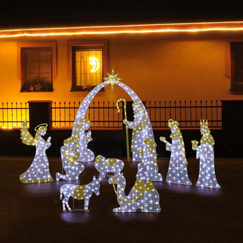 S/11 Lighted Christmas 2D Iridescent Fabric Nativity Scene Outdoor Decor with 590 White Lights