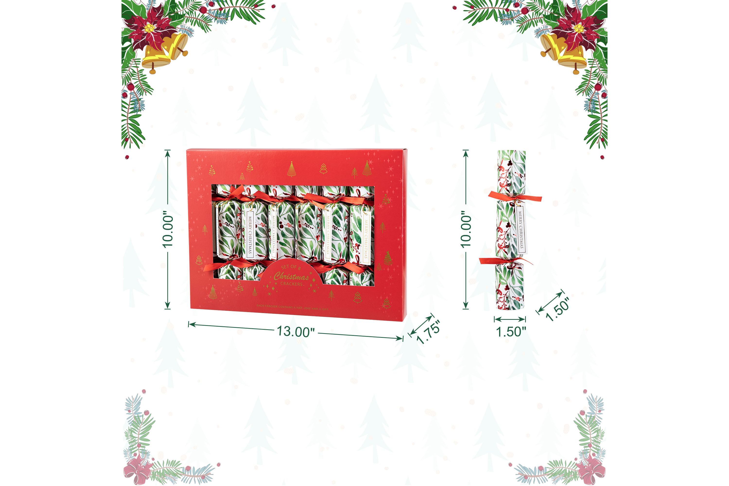 8PK 1.50D X 10.00H Christmas Holy Leaves Party Cracker with Gift Contents