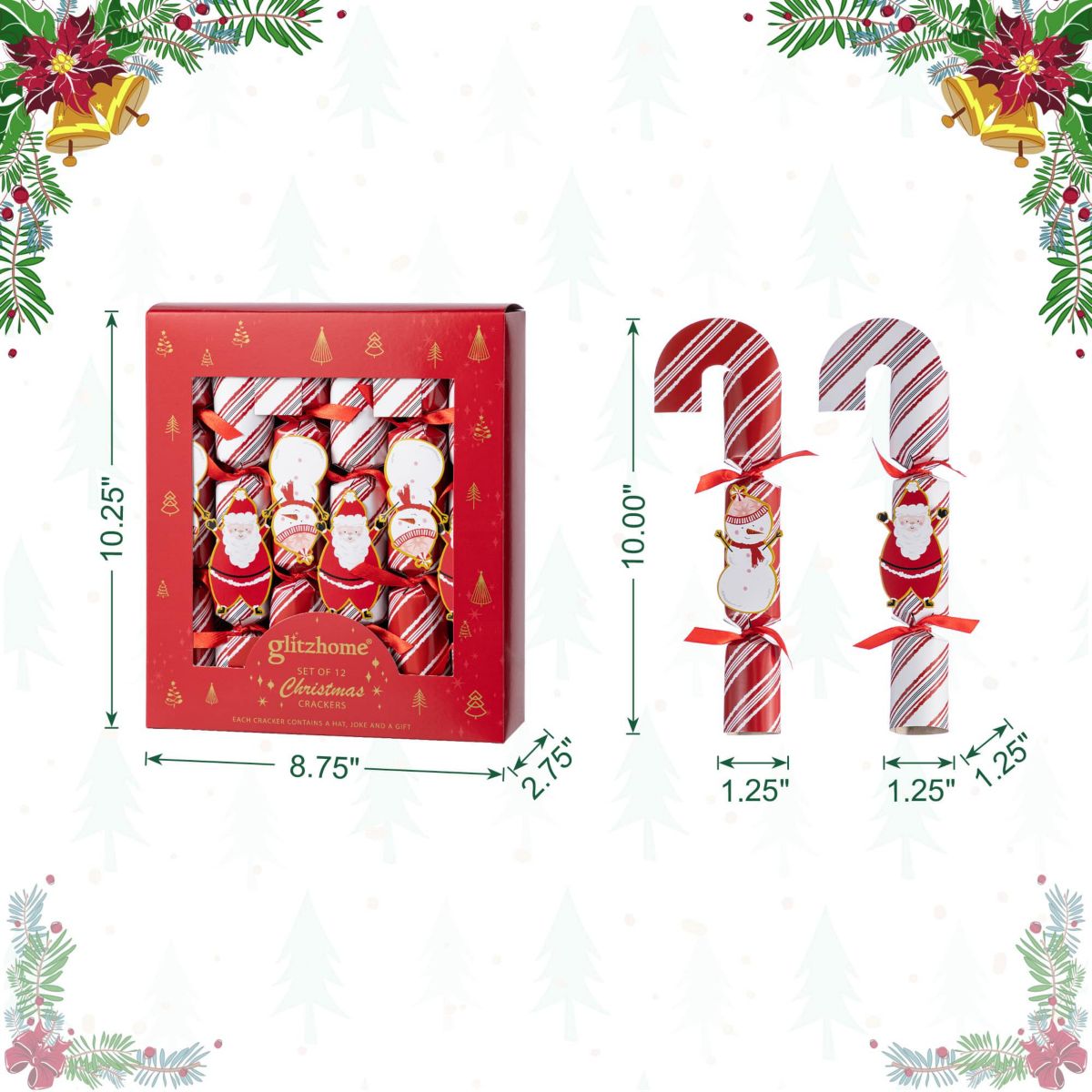 12PK 1.25D X 10.00H Christmas Candy Cane Party Cracker with Gift Contents